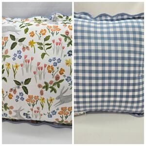 Shabby Chic Floral Bunny Pillow 100% Cotton Blue Gingham Back Cottage Farm 19"